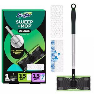 Swiffer Sweep + Mop Deluxe Sweeping Kit, 1 Device + 15 Sweep Refills + 15 Mop Re
